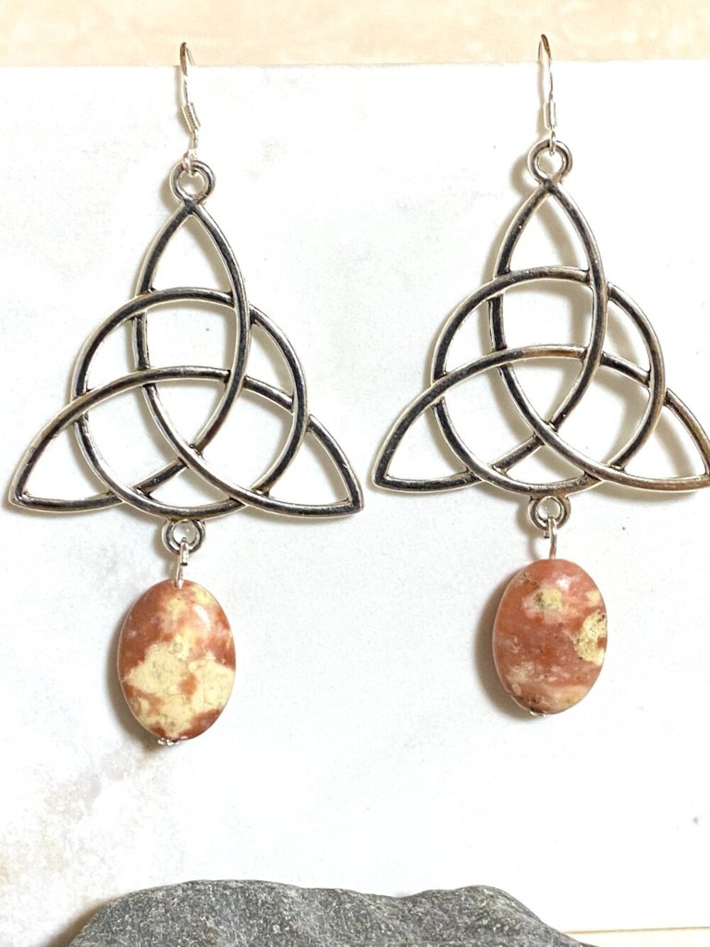 2/$20,Pink Jasper Celtic Trinity Dangle Earrings,Gemstone & Sterling Silver Hook